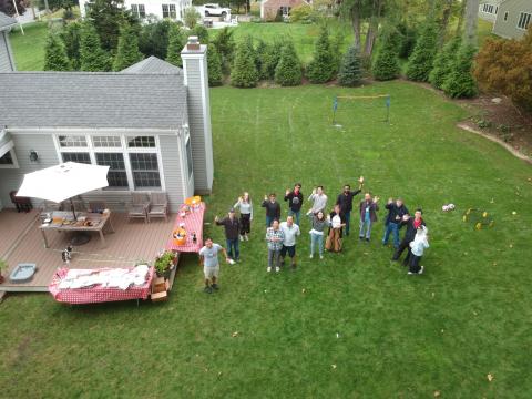 necstlab'ers at bbq, 2021-10, on a diagonal/wide-shot, waving to the camera